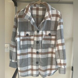 Plaid Button-Up Shacket Jacket - Gray & Brown